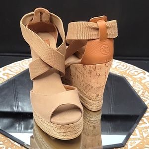 Tory Burch| Tan Leather and Canvas Peep Toe Espadrille Size 8